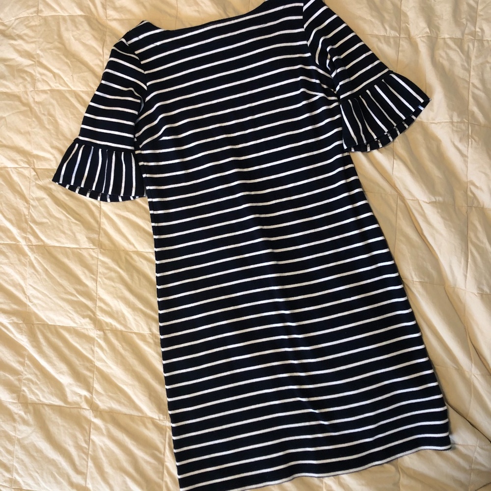 Navy Blue Striped Ruffle Sleeve Talbots Dress